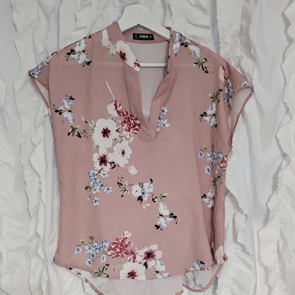 SHEIN Pink Floral Blouse with Mandarin Collar